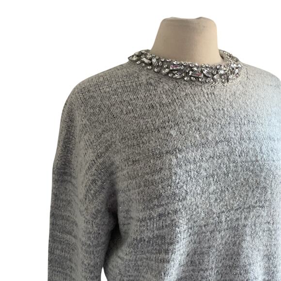 J. CREW Embellished Pullover Sweater Womens Sz Medium Grey Rhinestone Holiday - Picture 2 of 6